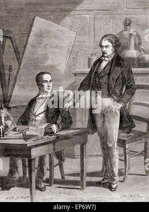 Nicéphore Niépce, born Joseph Niépce,1765 – 1833. French inventor of photography, left and Louis-Jacques-Mandé Daguerre, 1787 – 1851.   French artist and photographer, recognized for his invention of the daguerreotype process of photography, right, working together in the late 19th century. Stock Photo