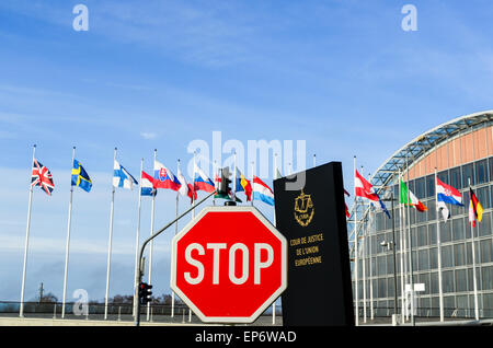 STOP sign in front of the entrance of the Court of Justice of the European Union, in European Quarter, Kirchberg, Luxembourg Stock Photo