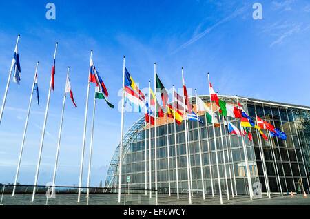 Flags of the European Union countries at the European Investment Bank, European Quarter, Luxembourg Stock Photo