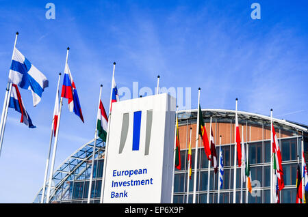 Flags of the European Union countries at the European Investment Bank, European Quarter, Luxembourg Stock Photo