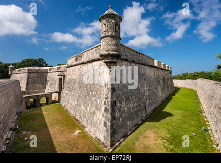 Turret at defensive wall over dry moat at Fuerte de San Miguel in Campeche, Yucatan Peninsula, Mexico Stock Photo