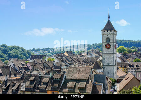 View of rooftops of Schaffhausen, Switzerland from Munot fortress with the clock tower rising above Stock Photo