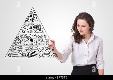 Young woman drawing a food pyramid on whiteboard Stock Photo