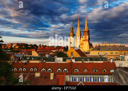 Zagreb Cathedral at sunset with coluds Stock Photo