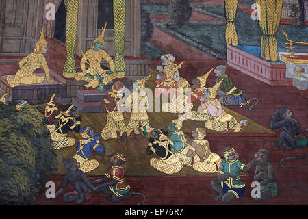 Thai Mural Painting In The Phra Rabiang (The Gallery) in Wat Phra Kaew (Temple of Emerald Buddha), Bangkok Stock Photo