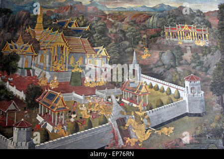 Thai Mural Painting In The Phra Rabiang (The Gallery) in Wat Phra Kaew (Temple of Emerald Buddha), Bangkok Stock Photo