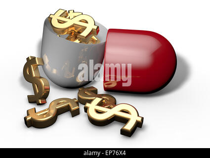 Golden Dollar currency symbols in pill isolated on white background. Medicine insurance concept Stock Photo