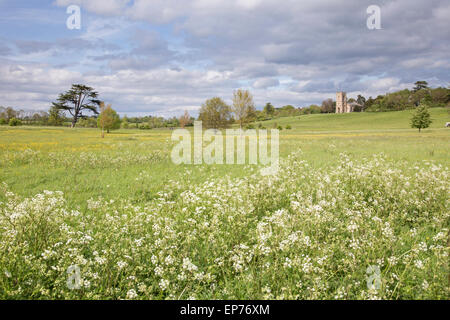 Croome Court's attractive parkland and St Mary Magdalene's Church by Capability Brown, Worcestershire. England, UK Stock Photo