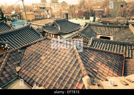 Traditional Korean style roof tops of Bukchon Hanok Village in Seoul ...