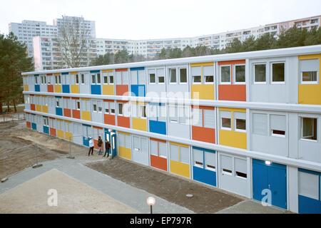 FILE - A file picture dated 02 February 2015 shows the living container village for refugees during Day of Open Doors in the district of Koepenick in Berlin, Germany. Photo: Joerg Carstensen/dpa Stock Photo