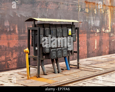Electrical equipment at a switching board in shipyard. Stock Photo