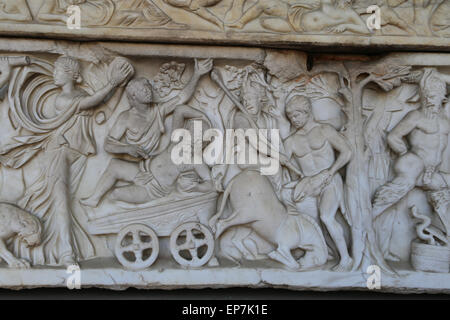 Sarcophagus with Dionysiac ceremonial procession on the front and on ...