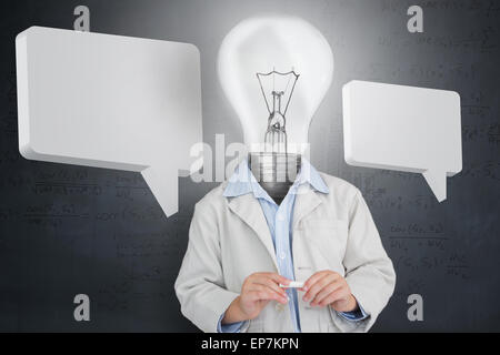 Man with light bulb for a head and two speech bubbles Stock Photo