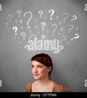 Young woman with question marks above her head Stock Photo - Alamy