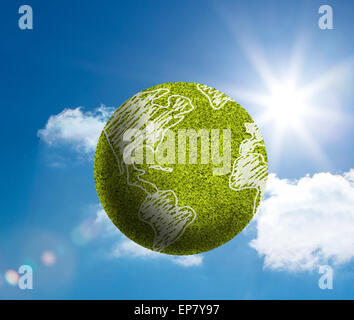 Green globe with map surface draw on floating in the sky Stock Photo