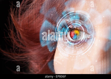 Future woman with cyber technology eye panel concept Stock Photo