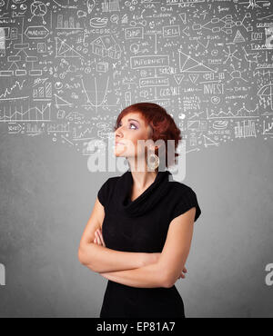 Young pretty lady with hand drawn calculations and icons Stock Photo