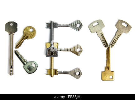 The word "key" is made of keys of various form, on a white background Stock Photo