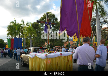 Floats in front of church for the Good Friday procession in Juana Diaz, Puerto Rico. US territory. Caribbean Island. Stock Photo