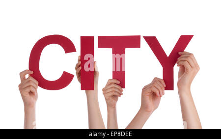 Many People Hands Holding Red Straight Word City Stock Photo
