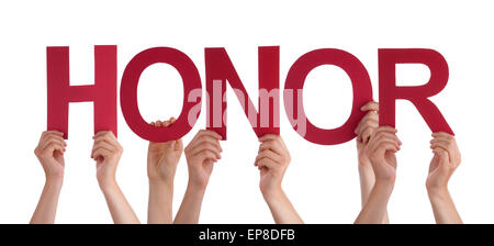 Many People Hands Holding Red Straight Word Honor Stock Photo