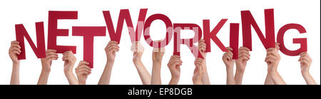 Many People Hands Holding Red Word Networking Stock Photo