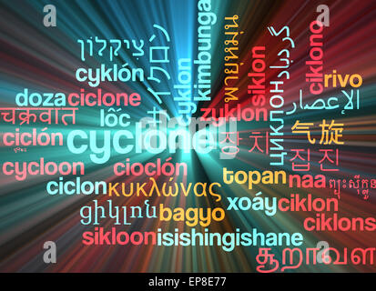 Background concept wordcloud multilanguage international many language illustration of cyclone storm glowing light Stock Photo