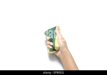 woman hand with cleaning sponge on a white background Stock Photo