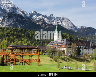 Schloss Elmau castle hotel, venue of the G7 summit in 2015, stand at the press center on the left, Klais, Wetterstein Mountains Stock Photo