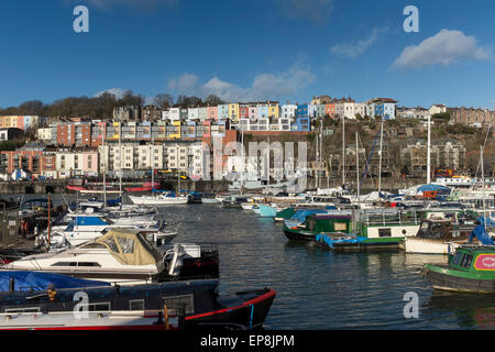 View of colourful terraced houses and Bristol Marina across Floating Harbour, Bristol, UK Stock Photo