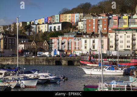 View of colourful terraced houses and Bristol Marina across Floating Harbour, Bristol, UK Stock Photo