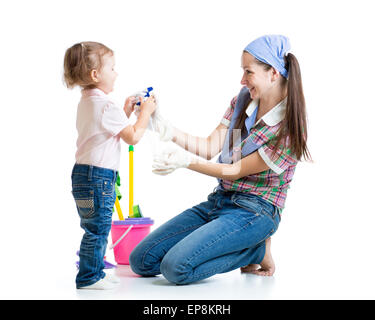 mother with child cleaning room and having fun Stock Photo