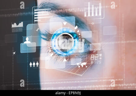 Future woman with cyber technology eye panel concept Stock Photo