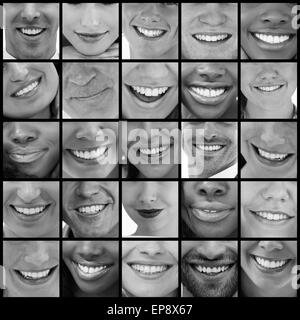 Collage of people smiling in black and white Stock Photo