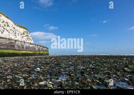 Flint foreshore with rock pools at Joss Bay, distant ships at anchor on the horizon, Broadstairs, Kent, England, UK Stock Photo