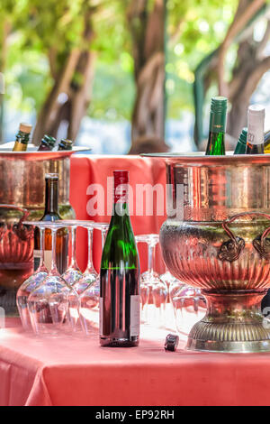 Solemnly laid table with wine glasses, outdoor Stock Photo