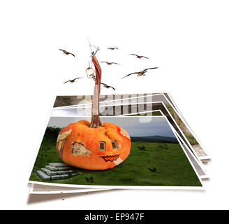 Collapsing house pumpkin wall with fragments isolated on abstract background. Fairytale fantasy and fiction Stock Photo