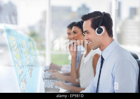 Call center employees at work on futuristic interfaces showing maps Stock Photo