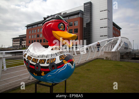 Liverpool, Merseyside, UK 15th May, 2015 Giant 'Waterfront' Duck at Princes Dock, on the Liverpool duck trail. The first ducks on the Liverpool Duck Trail, commissioned by AquaDucked, have been positioned around the Waterfront, Liverpool One, and The Albert Dock. Twenty in total will be positioned around the city Centre for the LightNight event. They are painted to mark a ‘Liverpool first’, achievements which have been recognized as a world first. Stock Photo
