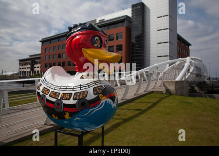Liverpool, Merseyside, UK 15th May, 2015 Giant 'Waterfront' Duck at Princes Dock, on the Liverpool duck trail. The first ducks on the Liverpool Duck Trail, commissioned by AquaDucked, have been positioned around the Waterfront, Liverpool One, and The Albert Dock. Twenty in total will be positioned around the city Centre for the LightNight event. They are painted to mark a ‘Liverpool first’, achievements which have been recognized as a world first. Stock Photo