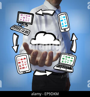 Classy businessman holding cloud computing drawings Stock Photo