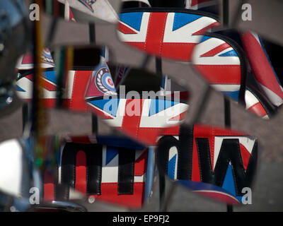 Union Jack flags reflected in the mirrors of a scooter Stock Photo