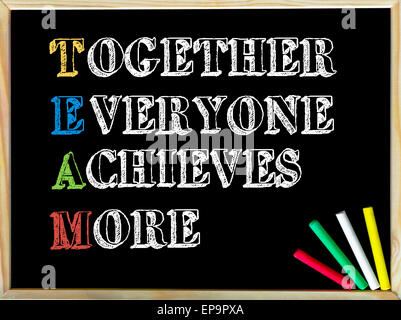 Acronym TEAM as Together Everyone Achieves More. Written note on wooden frame blackboard, colored chalk in the corner. Motivational Concept image Stock Photo