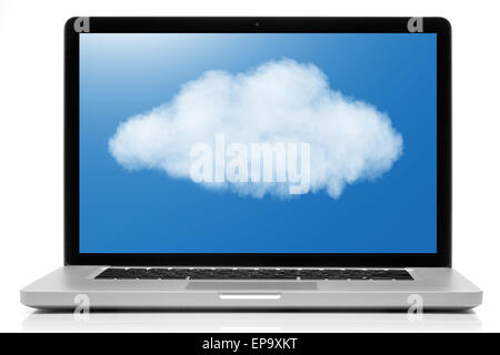 Cloud computing network concept. Notebook with cloud isolated on white Stock Photo