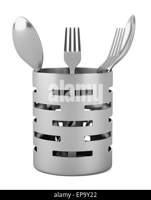 cutlery drainer with forks and spoons isolated Stock Photo