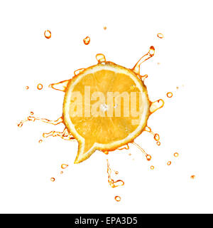 Orange in shape of dialog box with water drops isolated on white Stock Photo