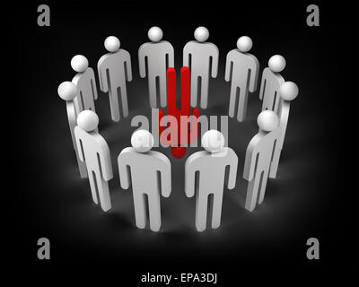 One red extraordinary person is standing on his head in a ring of ordinary 3d people figures, illustration isolated on black Stock Photo