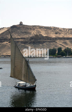 Traditional egyptian felluca sailing boat on river Nile in silhouette ...