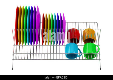 plate rack with multicolor tableware isolated Stock Photo