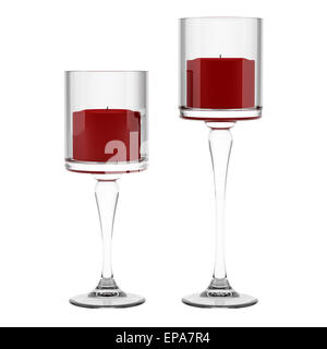 two glass candlesticks with red candles isolated Stock Photo